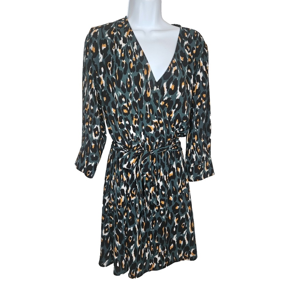 Express Leopard Dress Green Gold V Neck Belted Stretch S Feminine Workwear